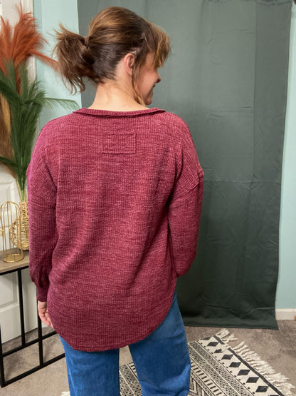 Camden Drop Shoulder Long Sleeve Knit Top in Merlot