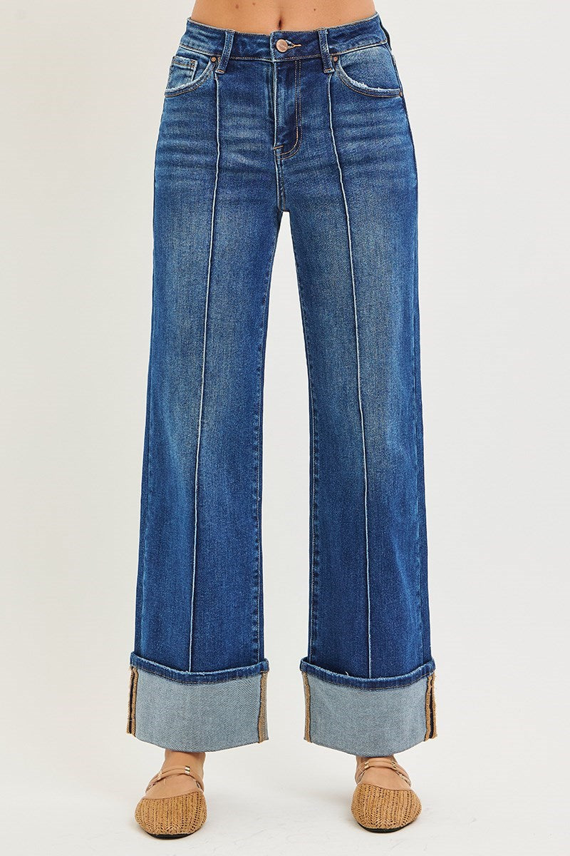 Risen Payton Midrise Cuffed Wide Leg Seam Jeans