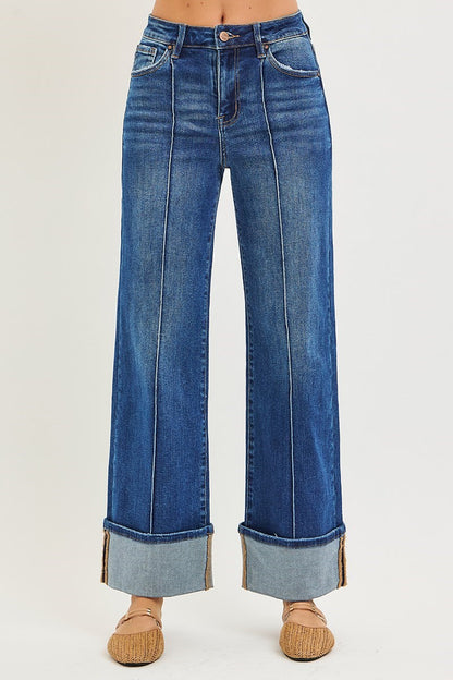 Risen Payton Midrise Cuffed Wide Leg Seam Jeans