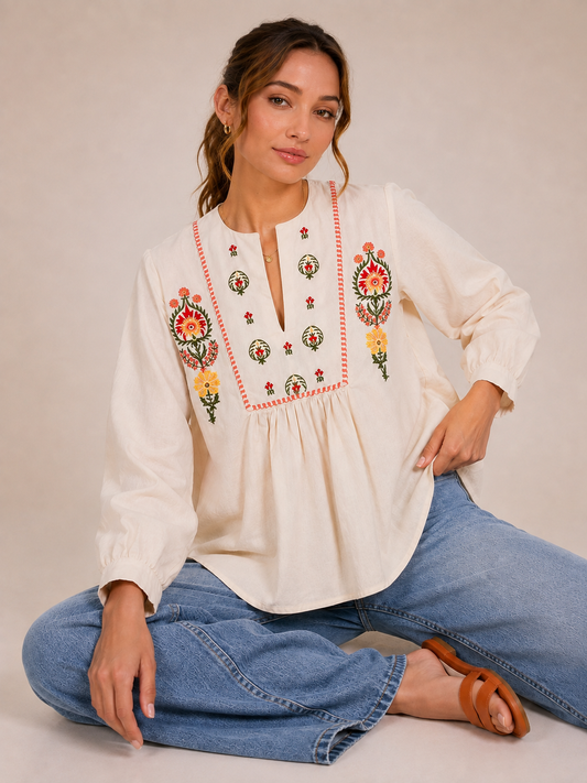 Marrakesh 100% Cotton Embroidered Floral Bohemian Blouse