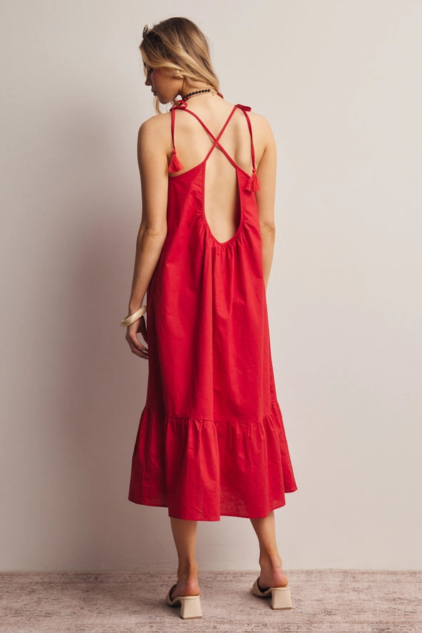 Red Hot Summer Cotton + Linen Open-Back Midi Dress