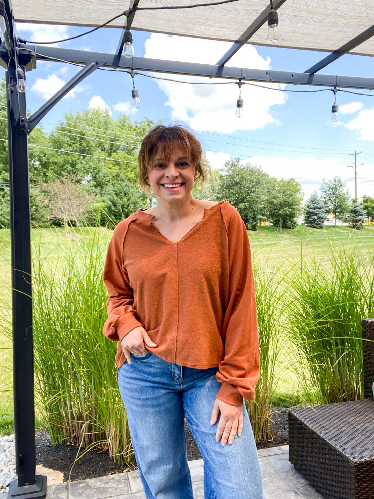 Dakota Exposed Seam Relaxed Fit Long Sleeve Top in Rust