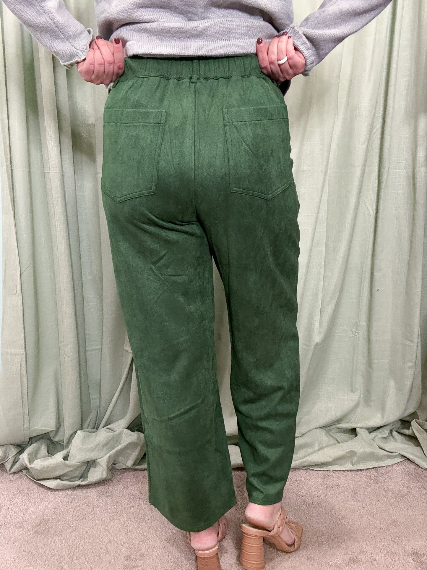 Tenenbaum Green Suede Wide Leg Ankle Pants