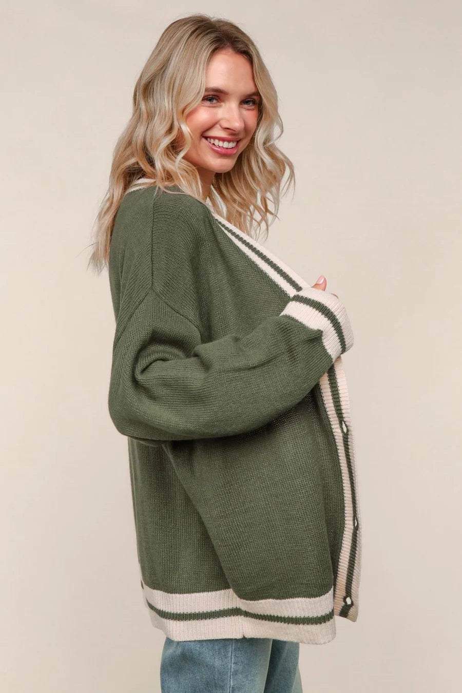 Seattle Olive Button Down Relaxed Boyfriend Cardigan