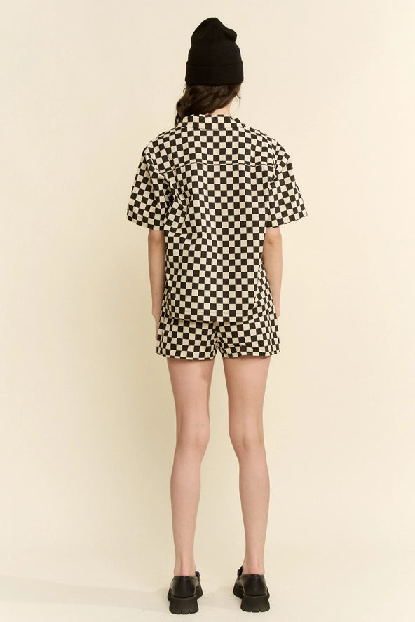 Final Lap 100% Cotton Checkerboard Camp Collar Button Up Shirt