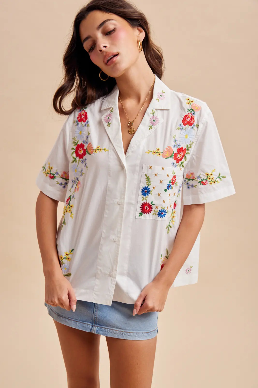 Sonoma Embroidered Cotton Blend Button Up Blouse