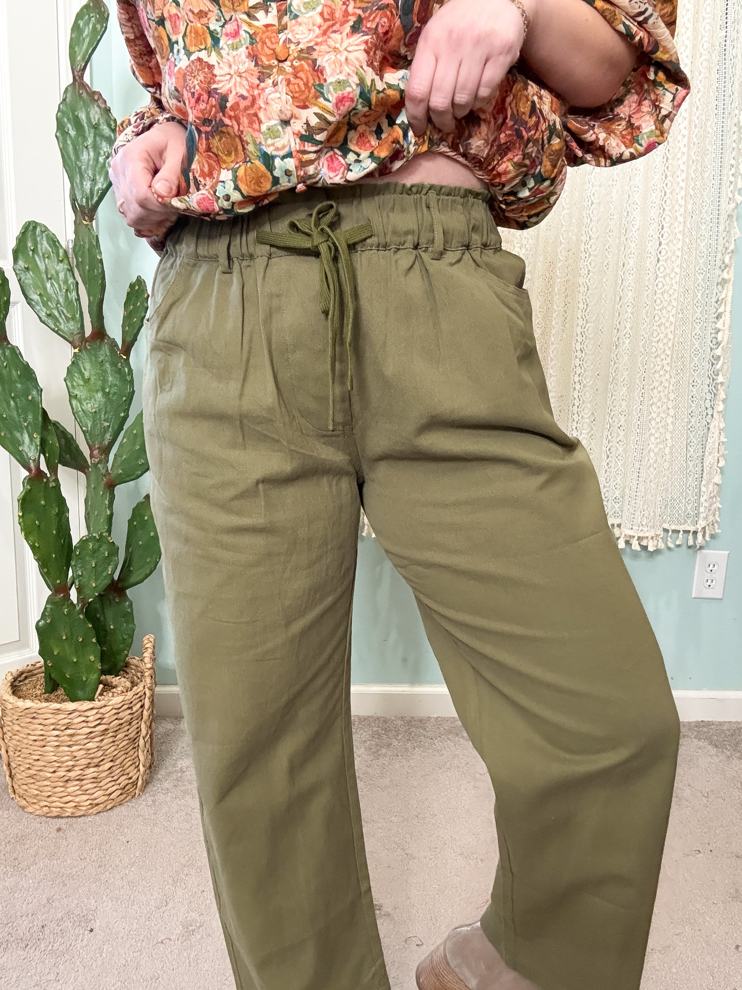 Ivy High Waist Cotton Cropped Pants with Drawstring Waistband