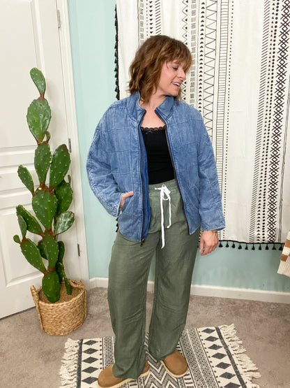 Cora Olive Chambray High Rise Wide Leg Pants