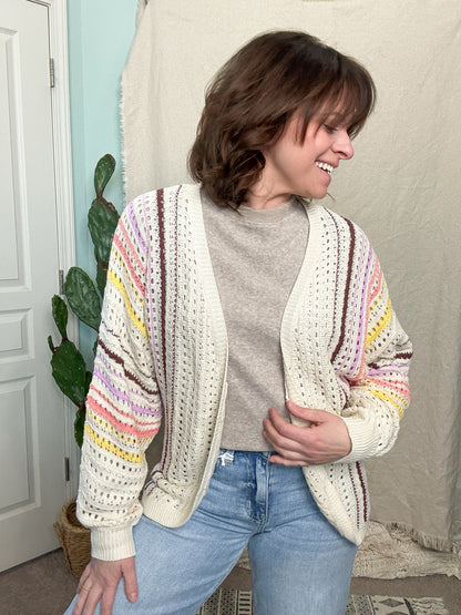 Laney Multi Color Crochet Open Front Knit Cardigan