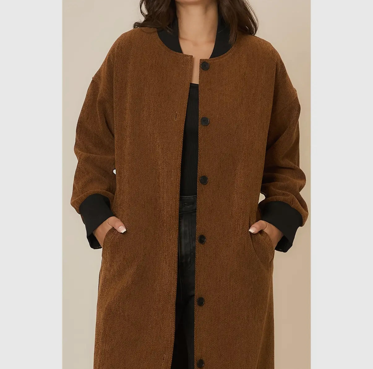 Chicago Corduroy Button Up Long Coat with Contrast Collar