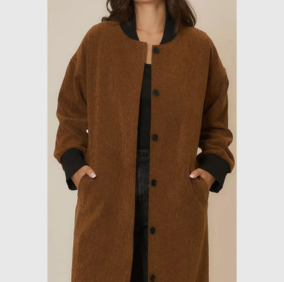 Chicago Corduroy Button Up Long Coat with Contrast Collar