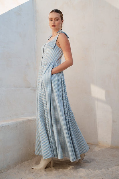 Mama Mia 100% Cotton Stripe Basque Waist Maxi Dress