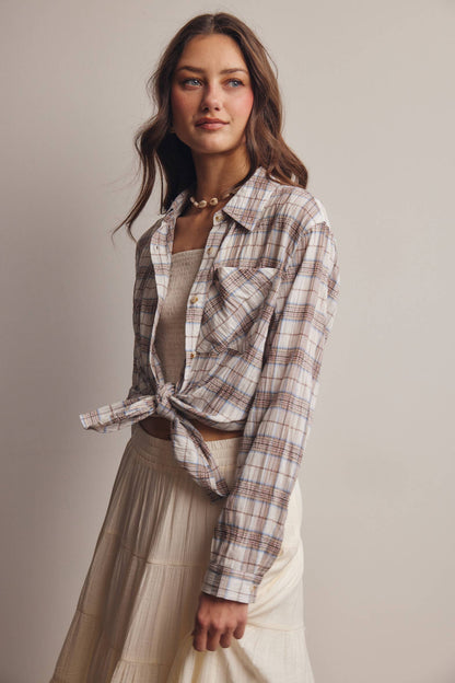 Toasted Marshmallow 100% Cotton Lightweight Plaid Button Up