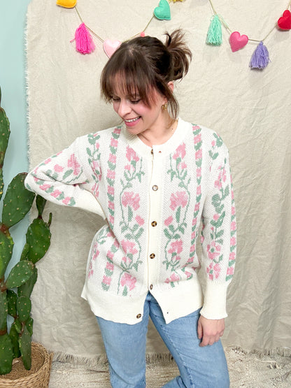 Emilie Floral & Vine Jacquard Knit Cardigan Sweater