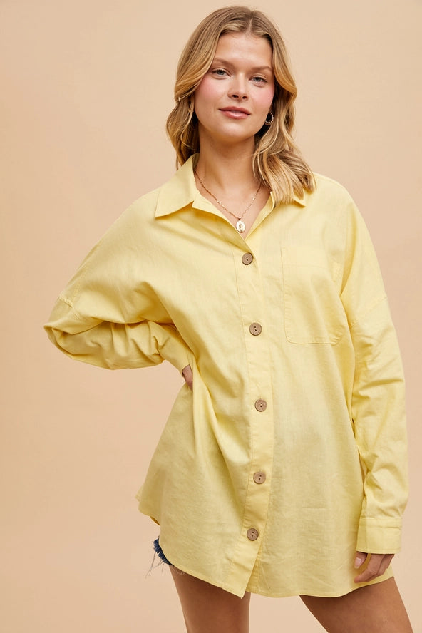 Calabasas Linen Blend Butter Yellow Oversized Button Down