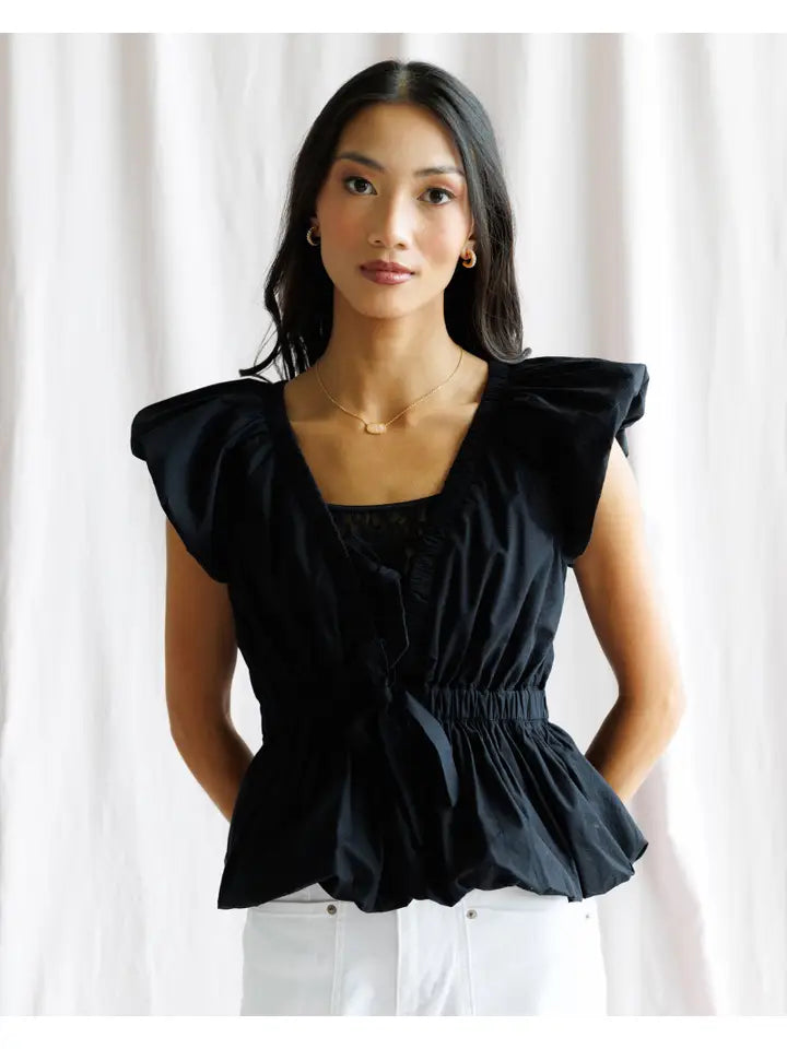 Noir 100% Cotton Cap Sleeve Peplum Tie Front Blouse