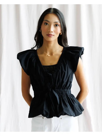 Noir 100% Cotton Cap Sleeve Peplum Tie Front Blouse