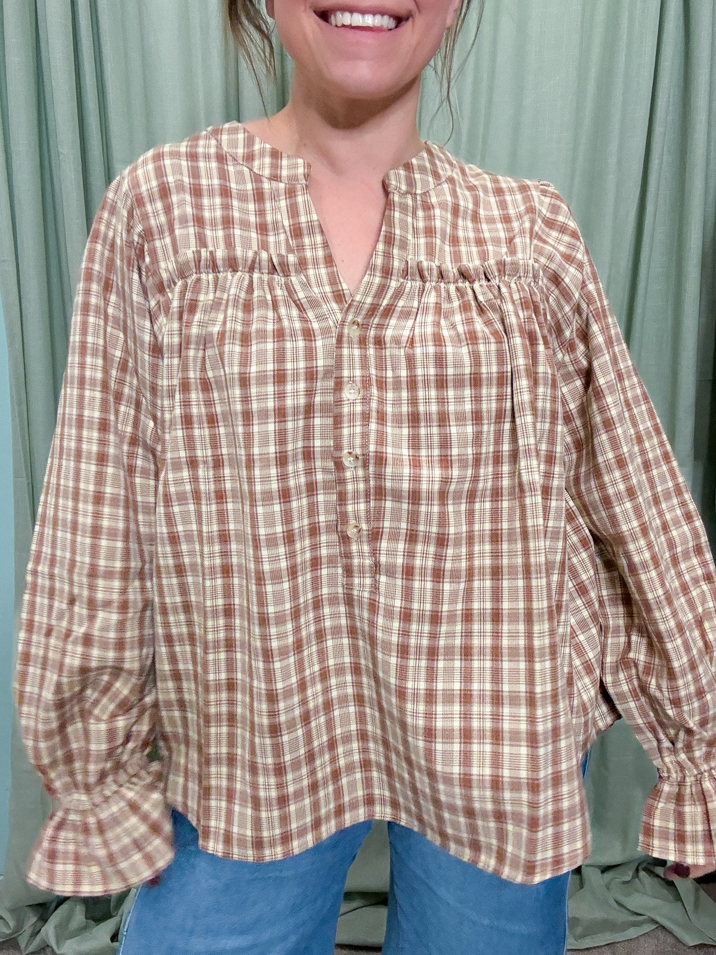 Gather  Notched Neck Plaid Check Woven Blouse