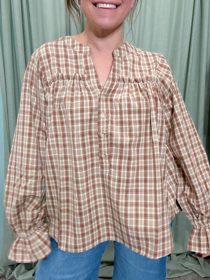 Gather  Notched Neck Plaid Check Woven Blouse