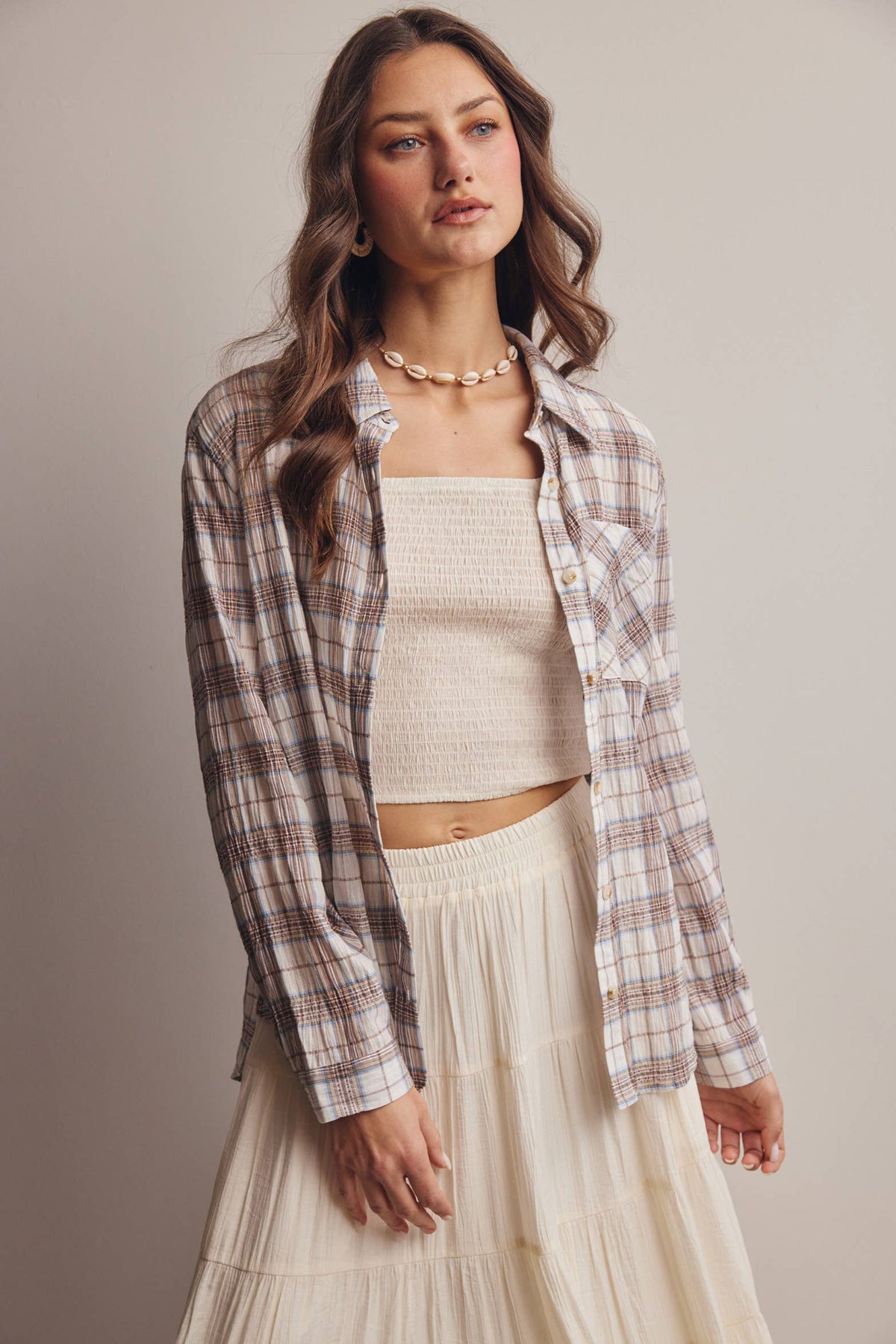 Toasted Marshmallow 100% Cotton Lightweight Plaid Button Up