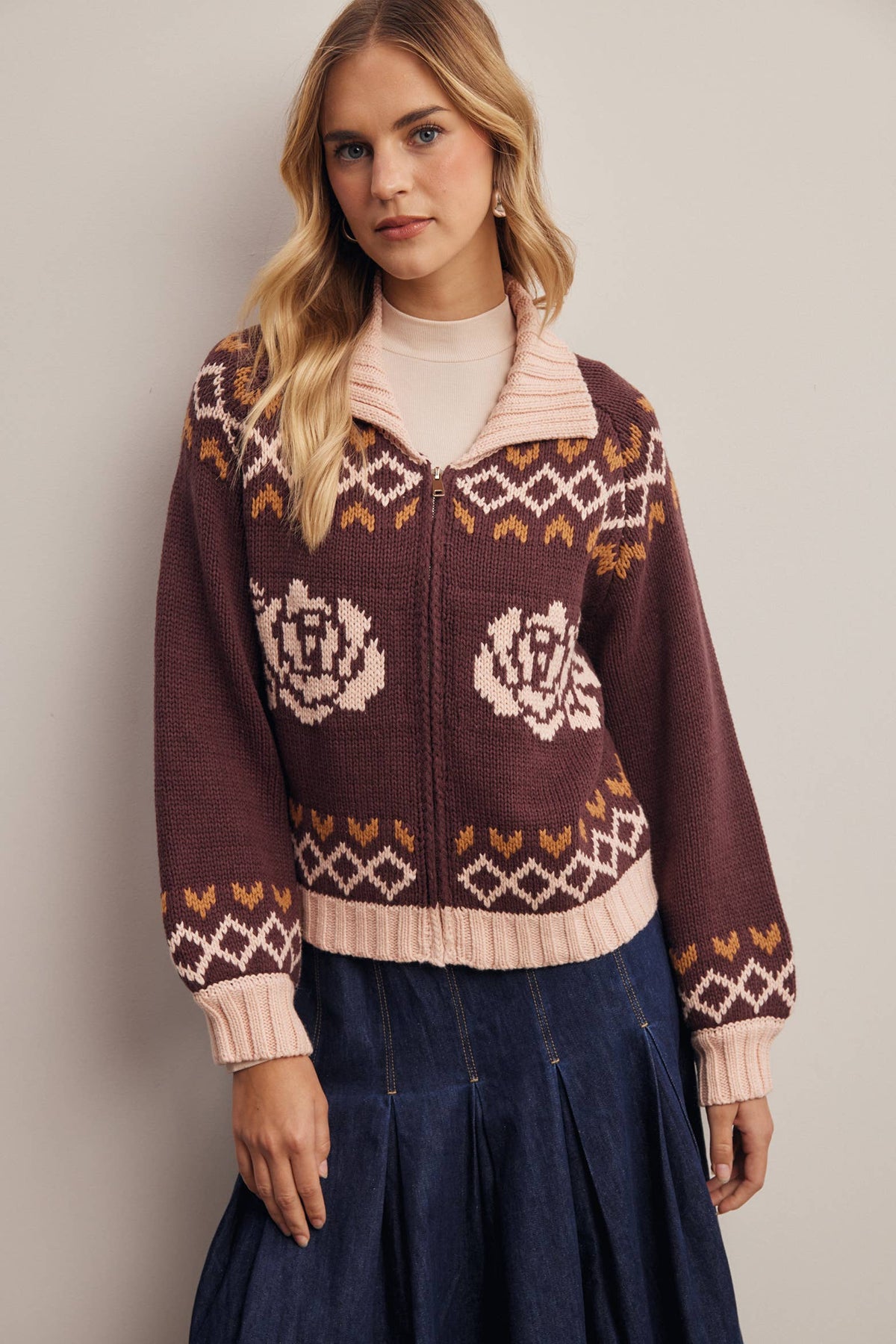 Fraulein Cotton Blend Floral Fair Isle Zip Cardigan Sweater