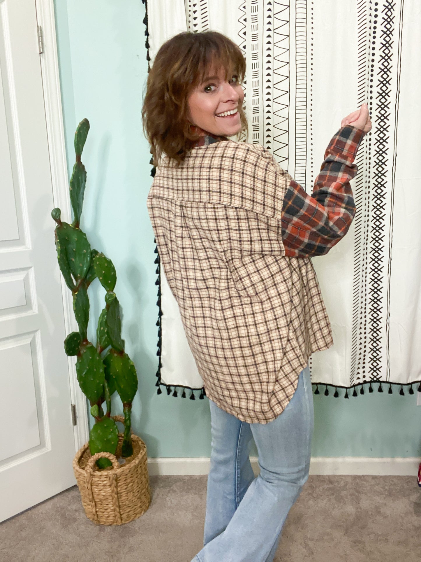 Back Home Rust & Taupe Brushed Plaid Relaxed Shirt Jacket