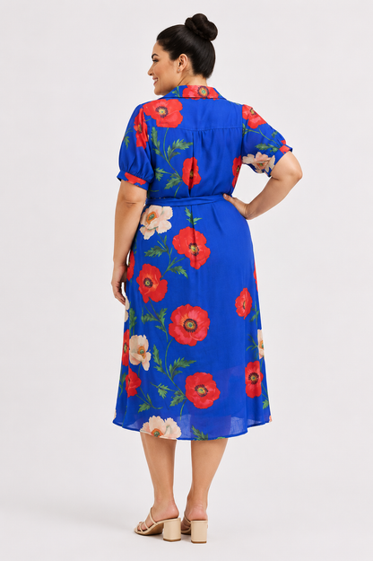 Poppy Fields Tie Waist Midi Shirt Dress