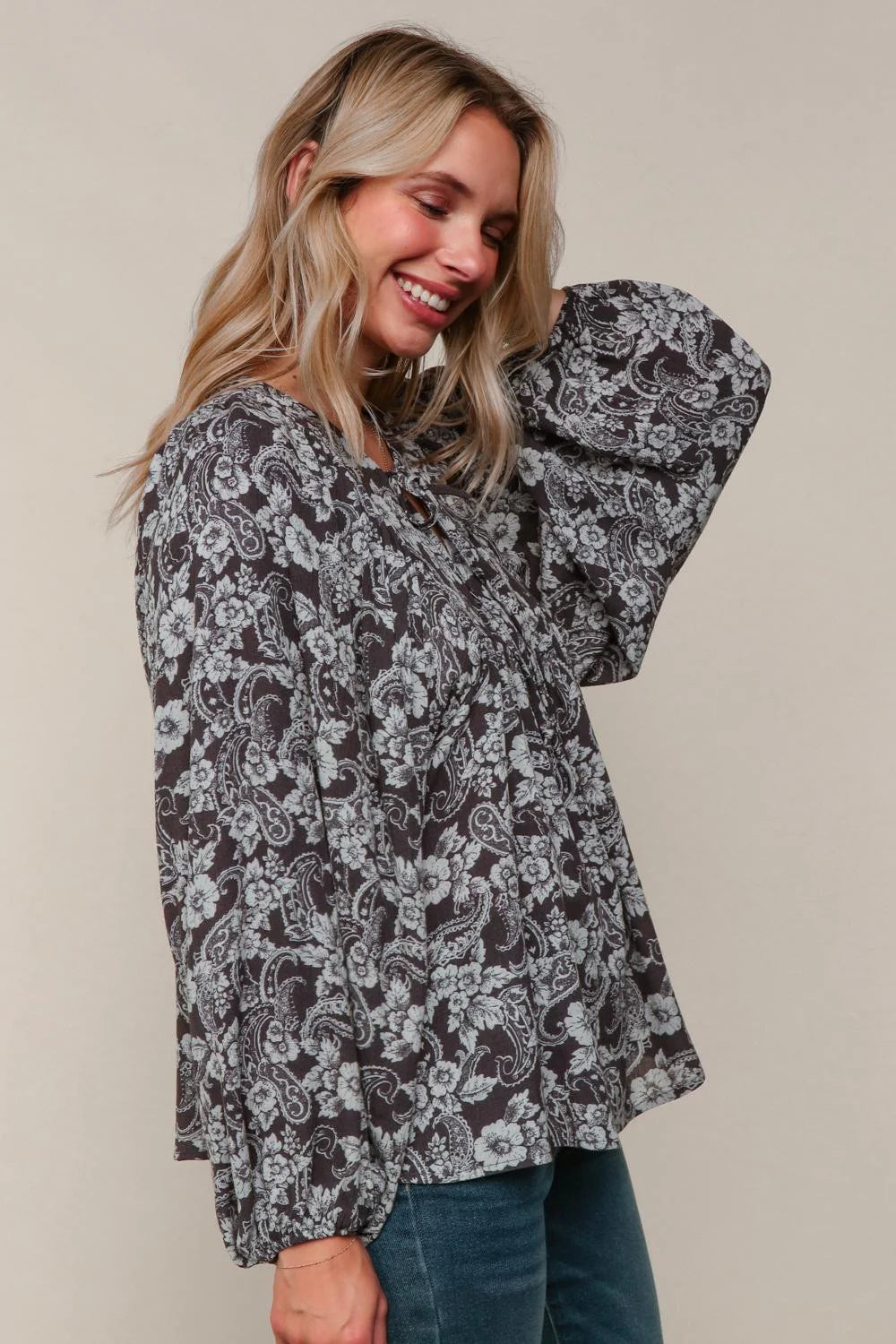 Night Flower V Neck Peasant Blouse with Front Tie