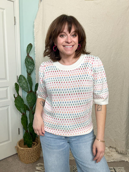 Raine Short Sleeve Multi Color Knit Sweater