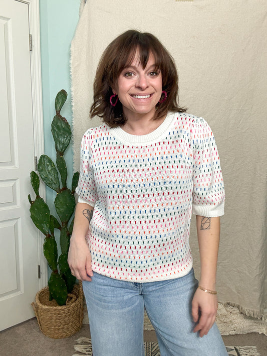 Raine Short Sleeve Multi Color Knit Sweater