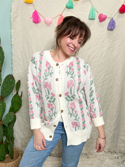 Emilie Floral & Vine Jacquard Knit Cardigan Sweater