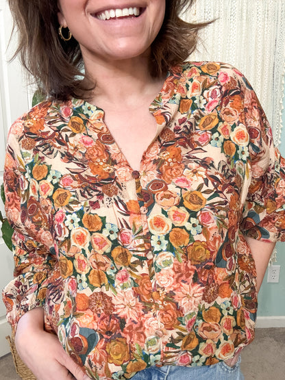 Fruity Florals Printed Button Up Bubble Hem Blouse