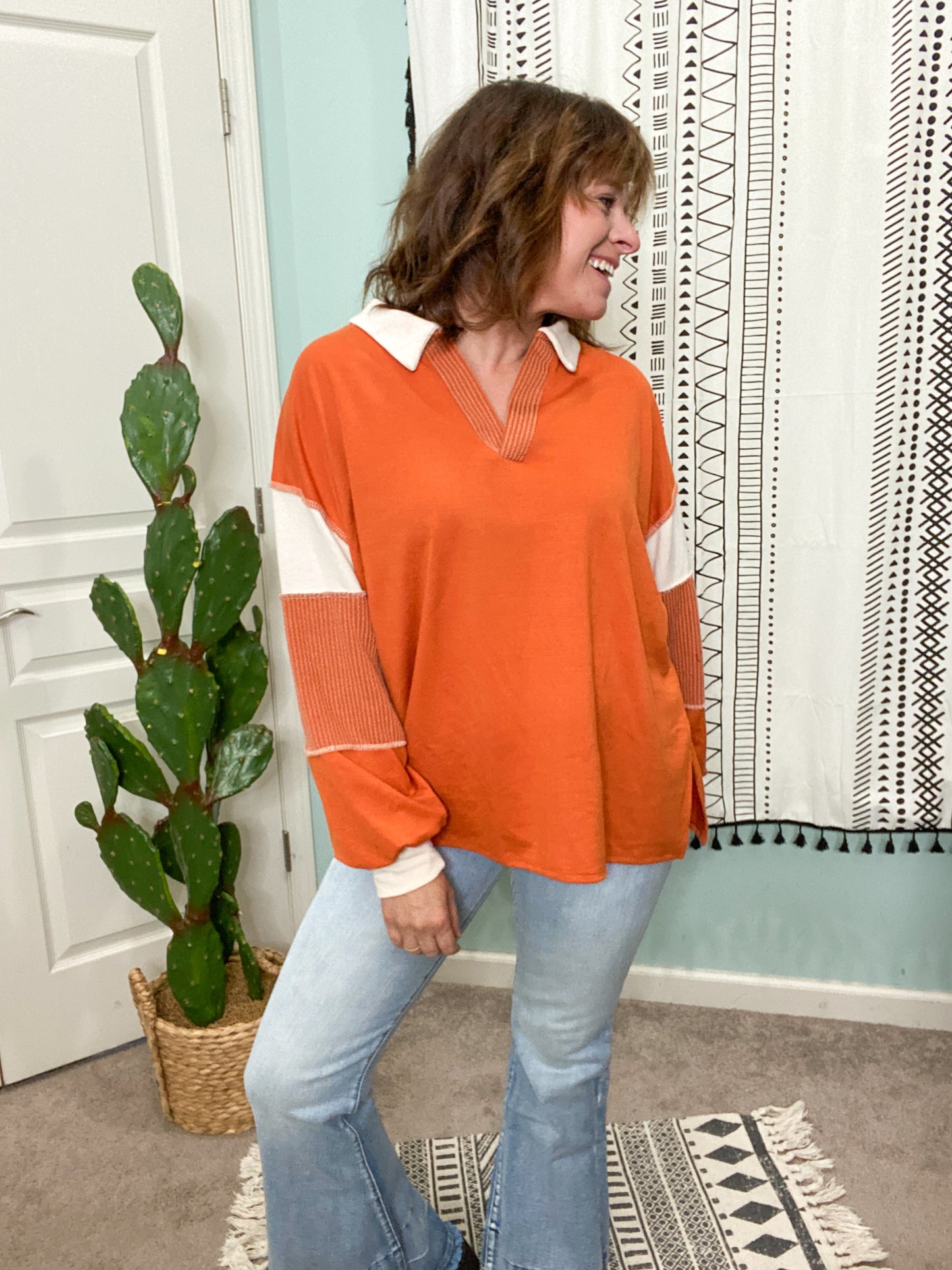 Ivy League Oversized Collar Top in Rust