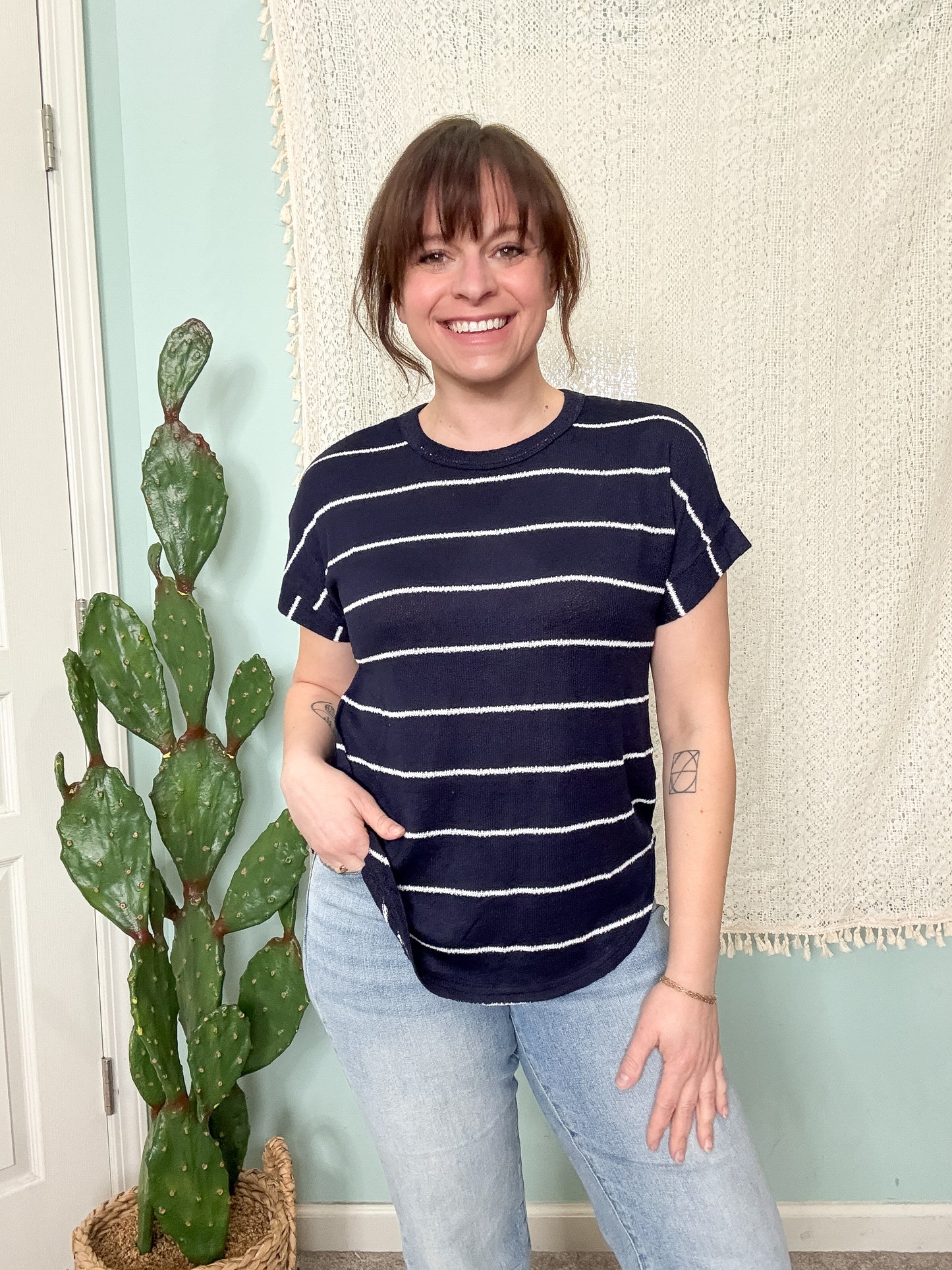 Connecticut Stripe Round Neck Short Sleeve Top