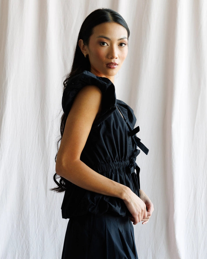 Noir 100% Cotton Cap Sleeve Peplum Tie Front Blouse