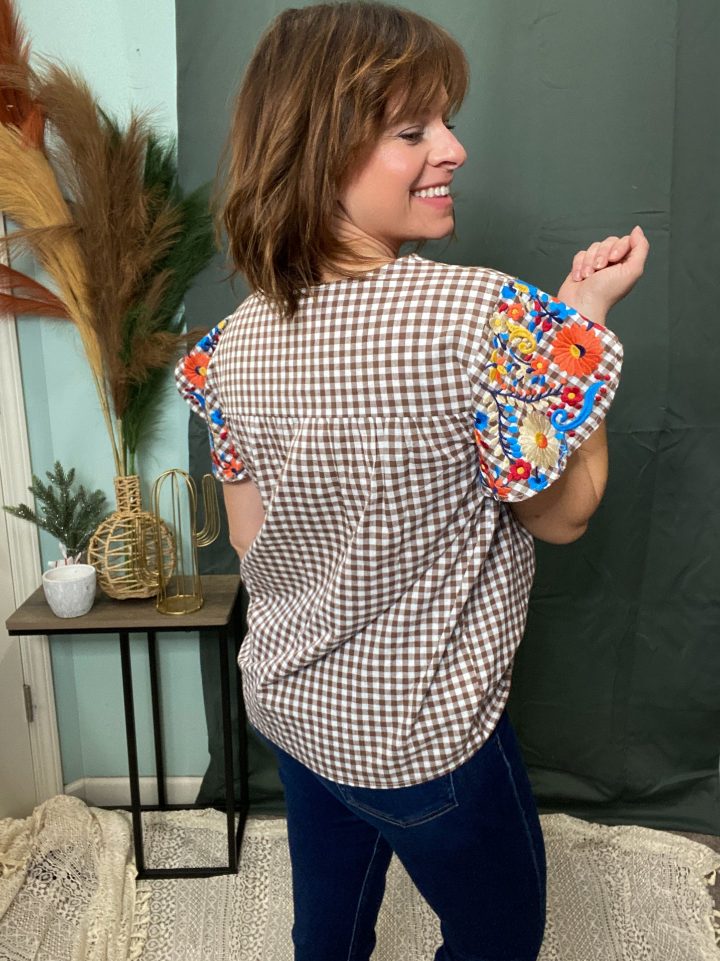 Cornucopia Embroidered Sleeve Gingham Boho Blouse