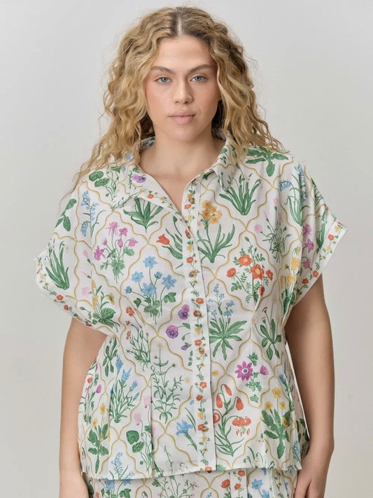 Fields of Flowers Button Up Cinched Waist Pleated Top