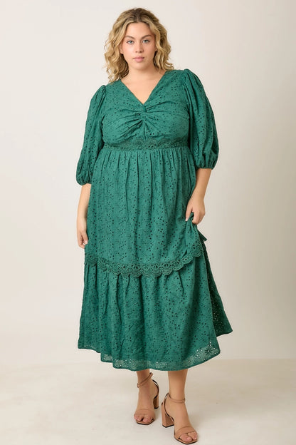 Gravity Cotton Eyelet & Lace Twist Front Tiered Midi Dress