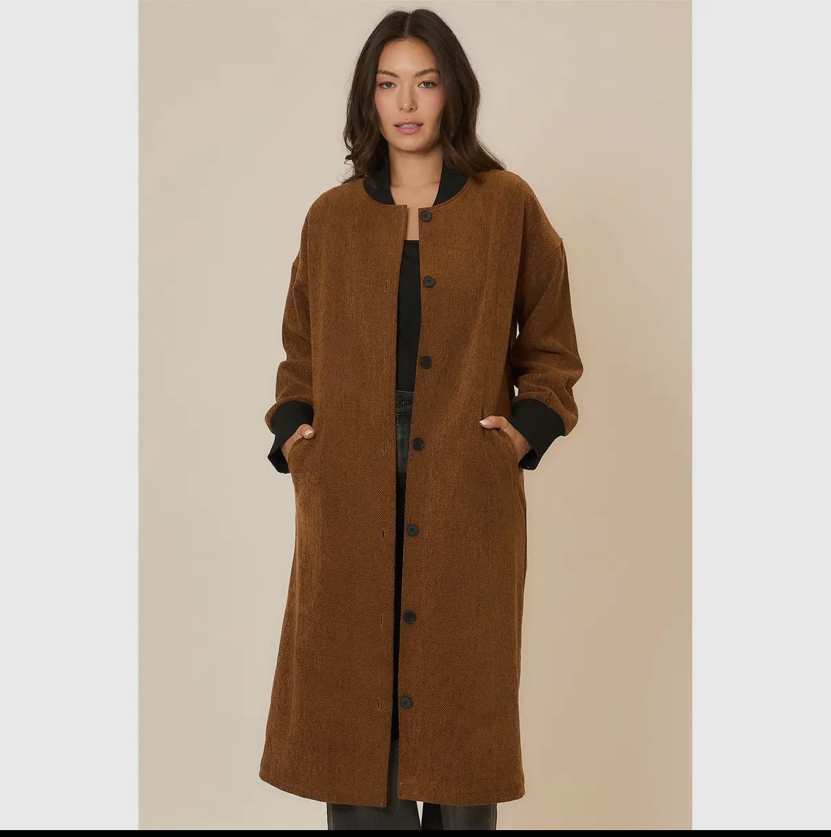 Chicago Corduroy Button Up Long Coat with Contrast Collar