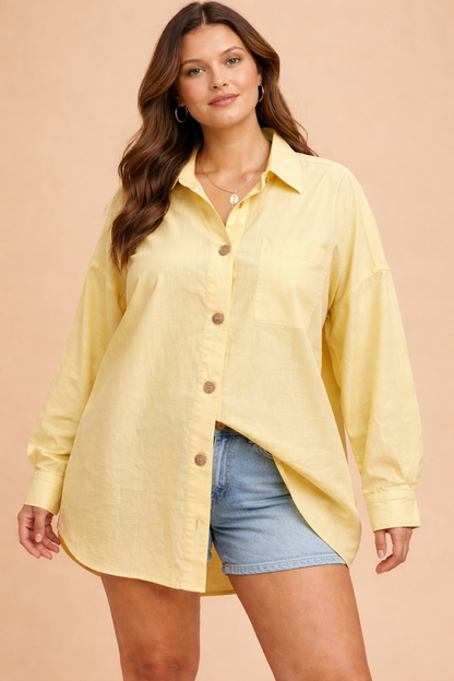 Calabasas Linen Blend Butter Yellow Oversized Button Down