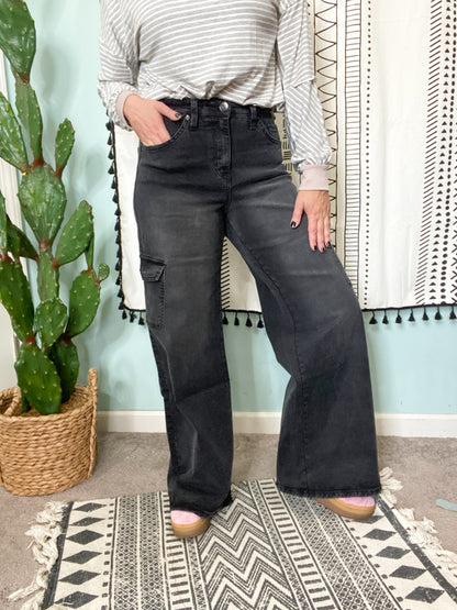 Sabrina High Waist Wide Leg Black Washed Cargo Jeans