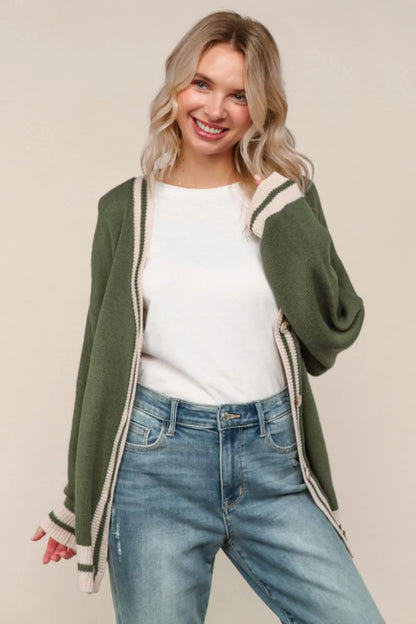 Seattle Olive Button Down Relaxed Boyfriend Cardigan
