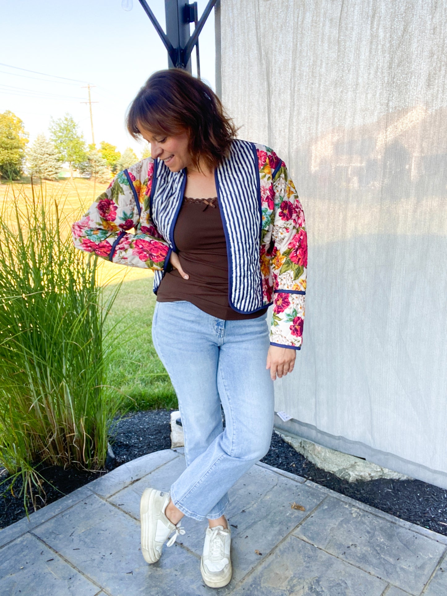 Mae Floral & Stripe Quilted Open Jacket