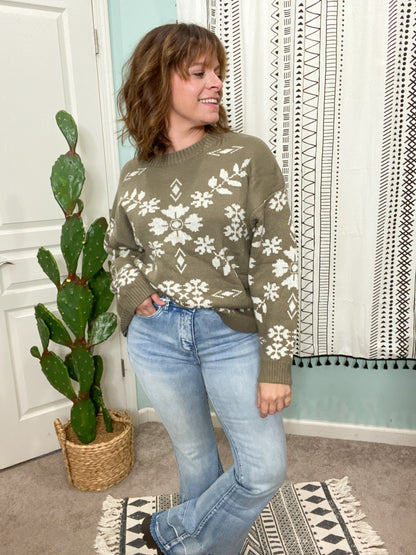 Ana Olive Floral Woven Sweater