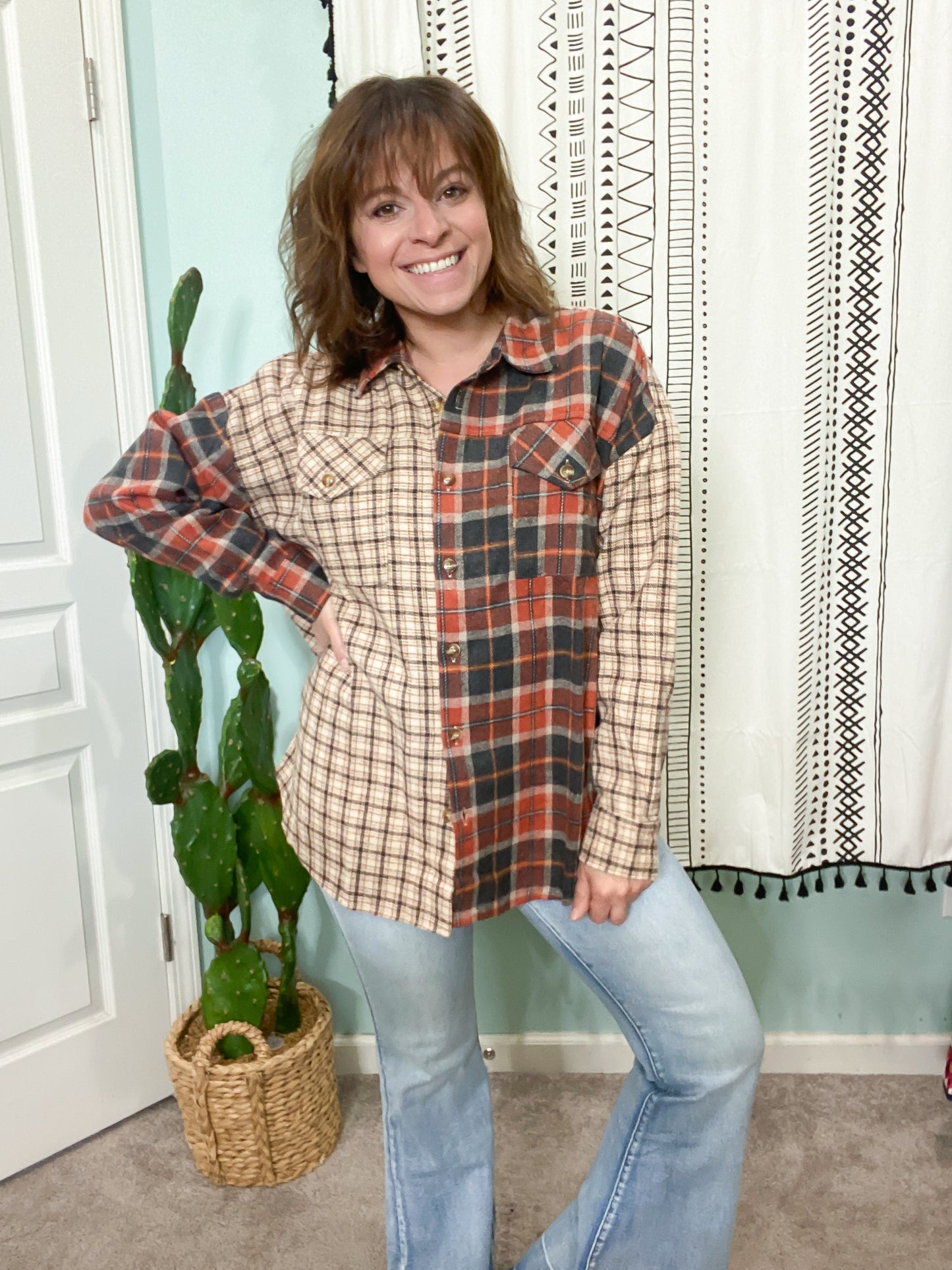 Back Home Rust & Taupe Brushed Plaid Relaxed Shirt Jacket