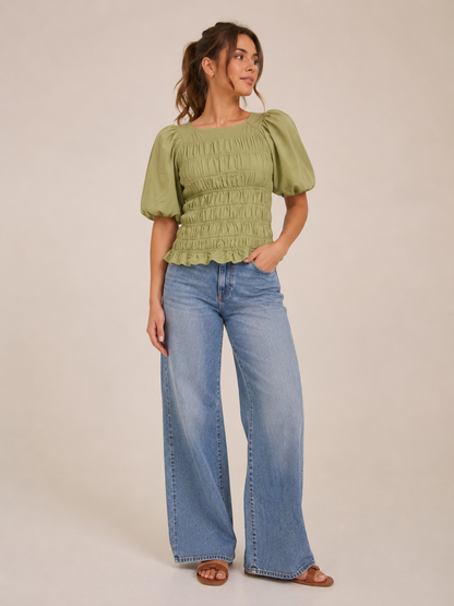 Going Places 100% Cotton Smocked Puff Sleeve Blouse