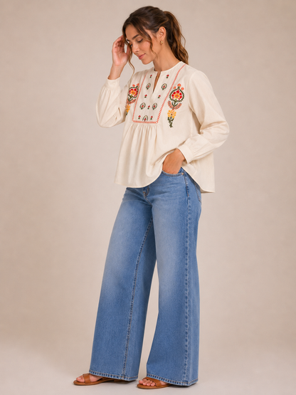 Marrakesh 100% Cotton Embroidered Floral Bohemian Blouse