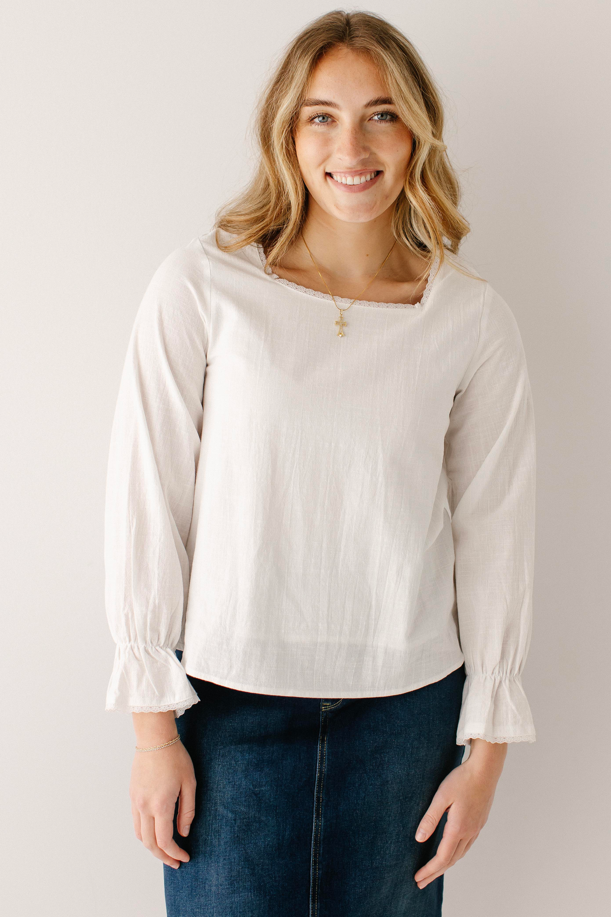 Belle 100% Cotton Lace Trim Square Neck Top