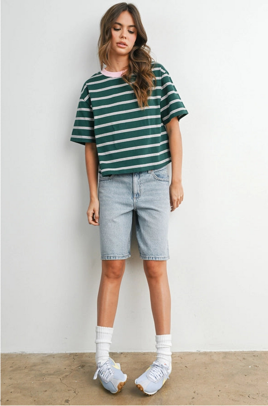 Prep School 100% Cotton Stripe Contrast Ribbed Tee