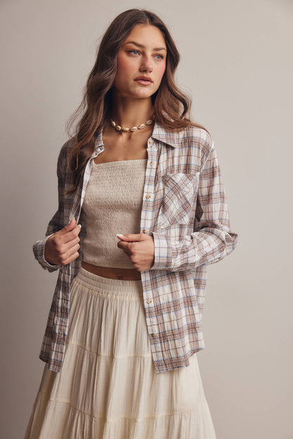 Toasted Marshmallow 100% Cotton Lightweight Plaid Button Up